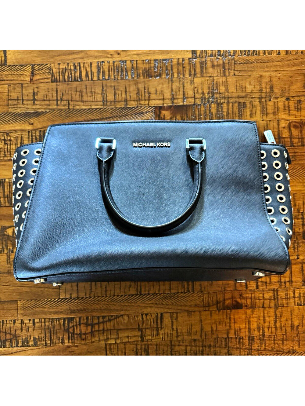 Michael Kors Black Medium Satchel Top Handle Grommets Silver Hardware Dust Bag